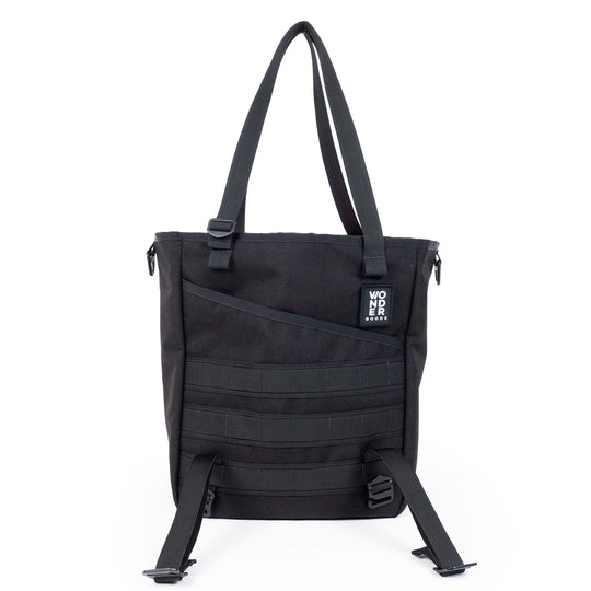 Front image of tote with compression straps unbuckled at the top