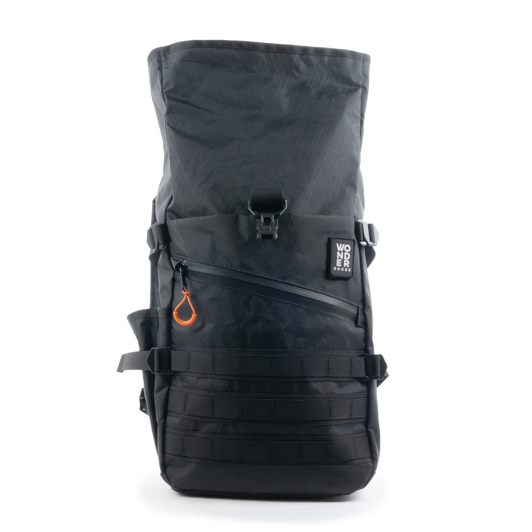 Roam rolltop backpack open made from XPac fabric
