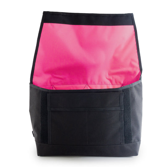Open Bicycle Messenger Bag by Wonder Goods in black and neon pink Weather Proof Cordura.