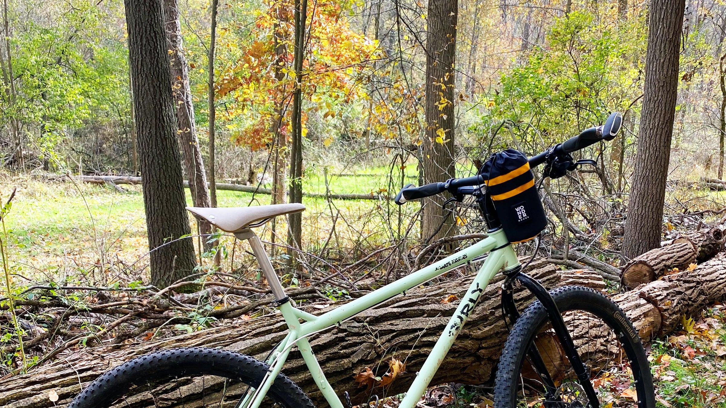 mango wonder goods stem bag on a surly cross check in the woods