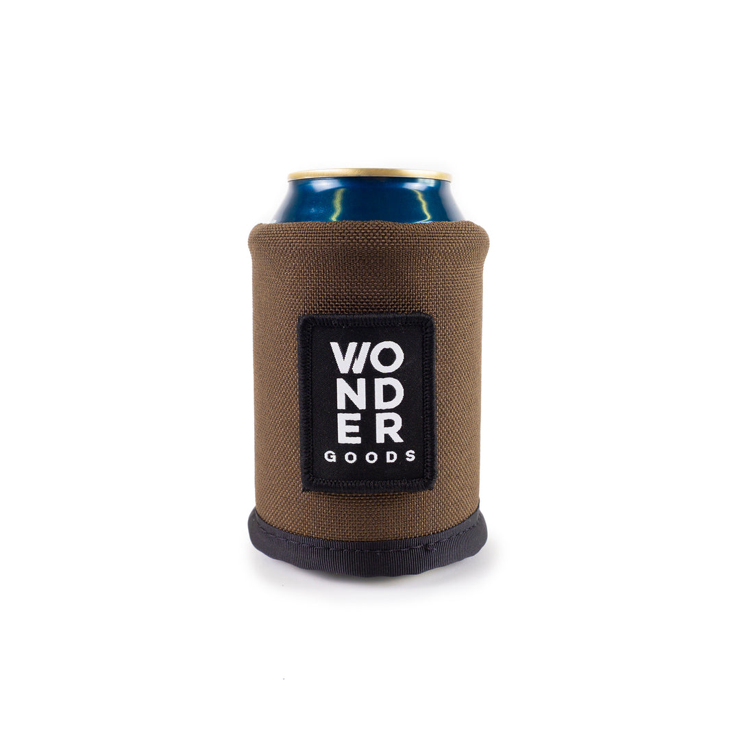 Brown colored Wonder Goods beverage koozie.