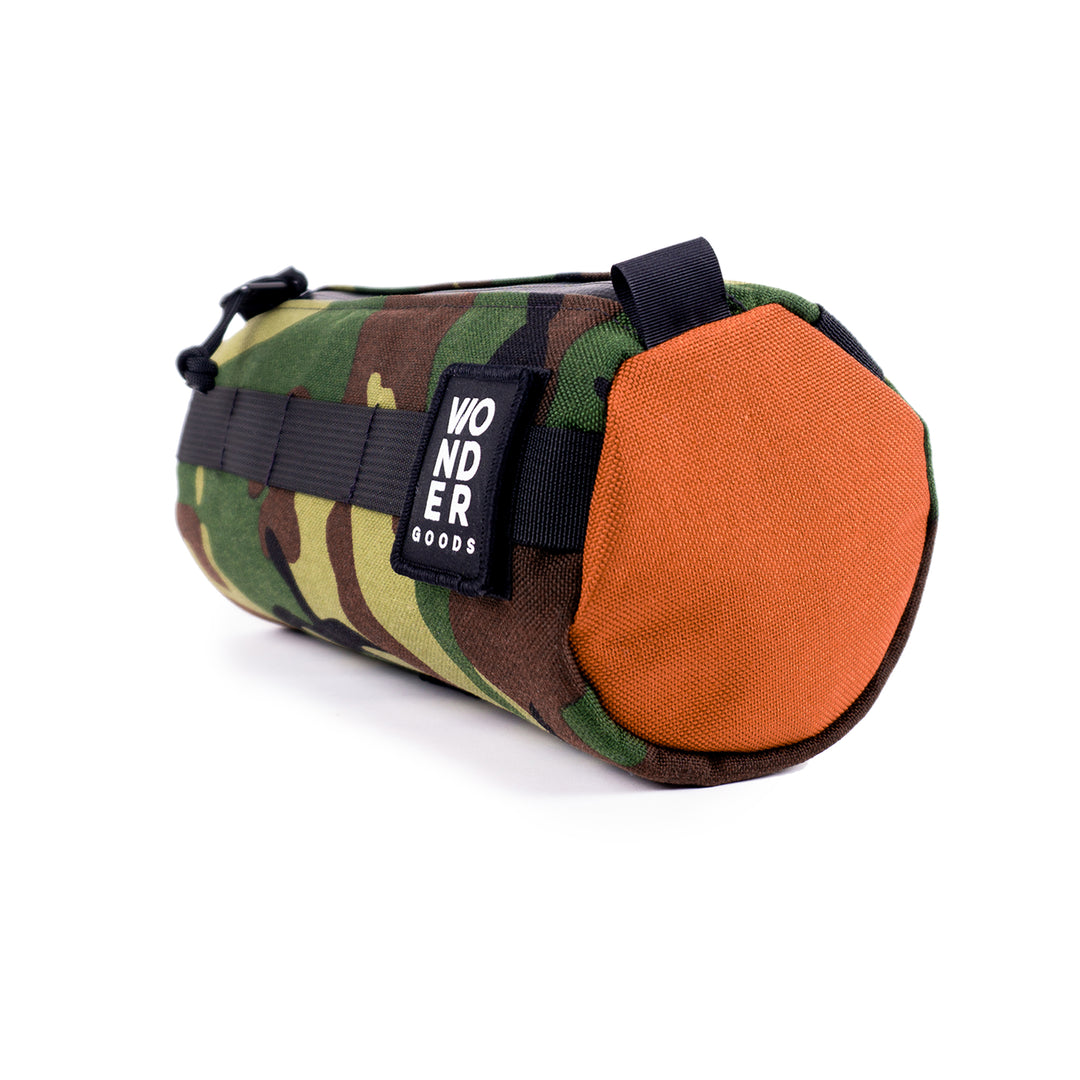 2 Color Camo and Rust Orange Handlebar bicycle bag, weather proof, adjustable and made in the USA 