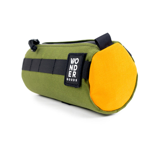 2 color Olive and Yellow Handlebar bicycle bag, weather proof, adjustable and made in the USA 